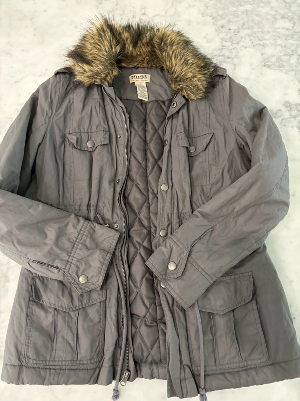 Quilted Parka with Faux Fur Trim - Gray